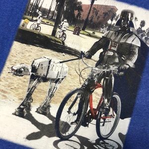 Blue Darth Vader walking a baby AT-AT T-shirt (L)